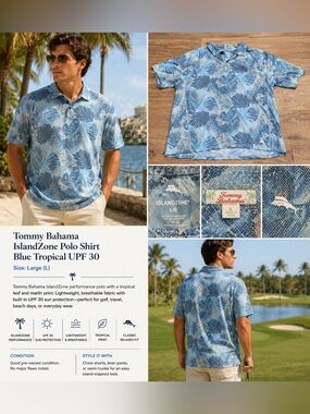 Tommy Bahama IslandZone Polo Shirt Blue Tropical UPF 30 Large